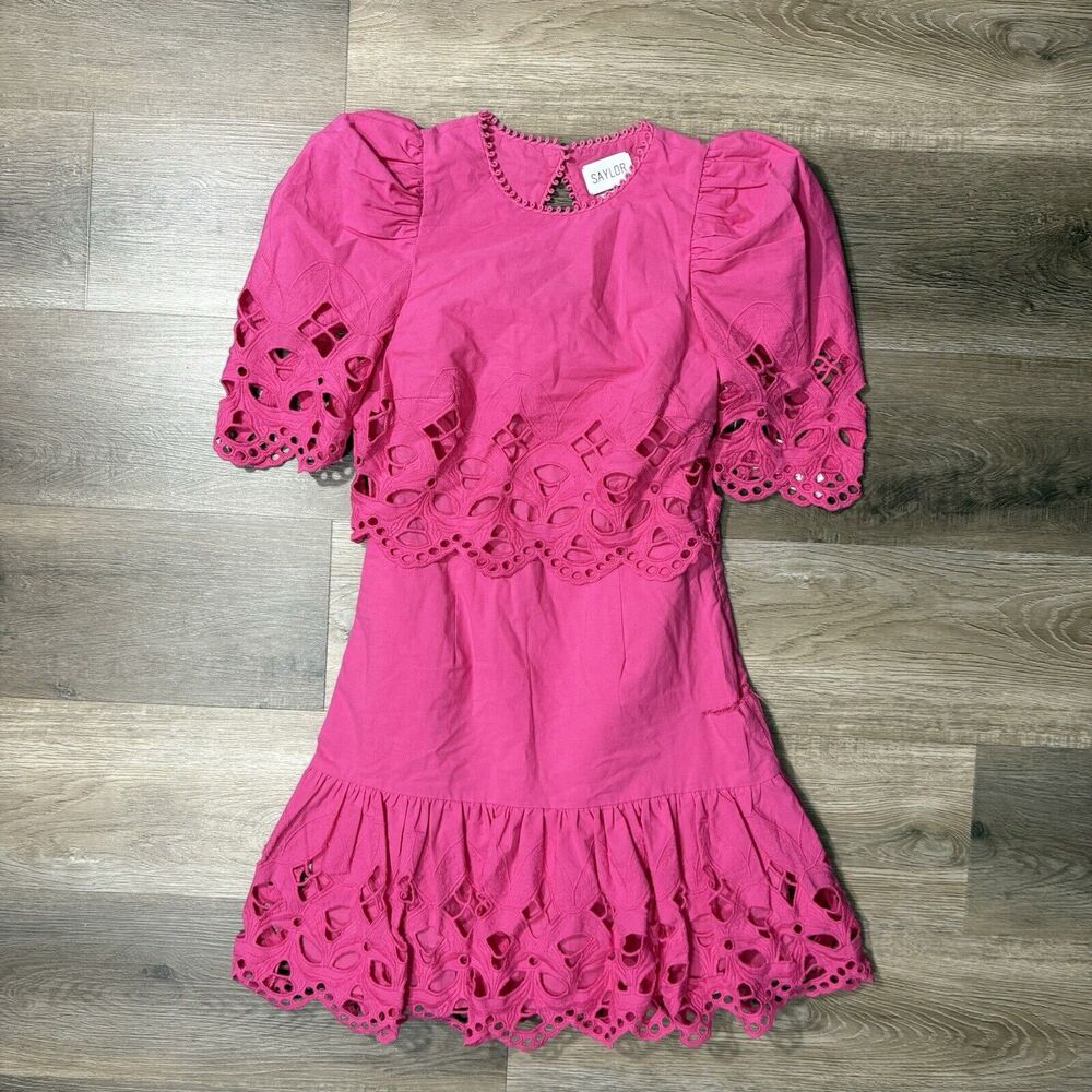 Saylor Dress Women Auroette Eyelet Puff Sleeve Cotton Poplin Dress XS